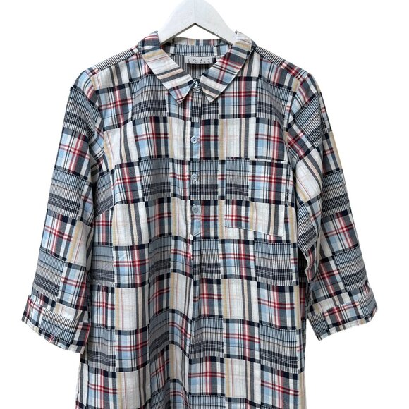 Joan Rivers Madras Shirt Size Medium Blue Plaid Womens Top Preppy Patchwork QVC - Picture 4 of 8